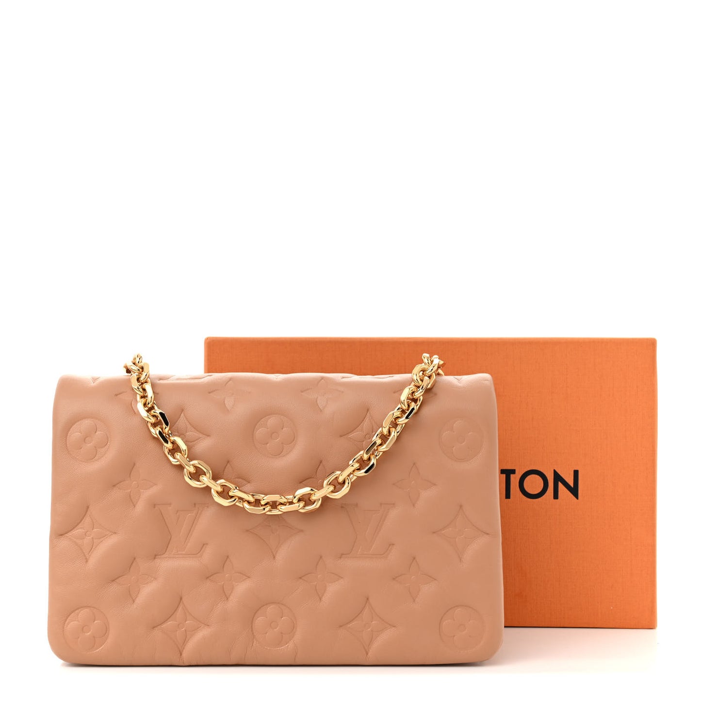 Lambskin Embossed Monogram Pochette Coussin Camel