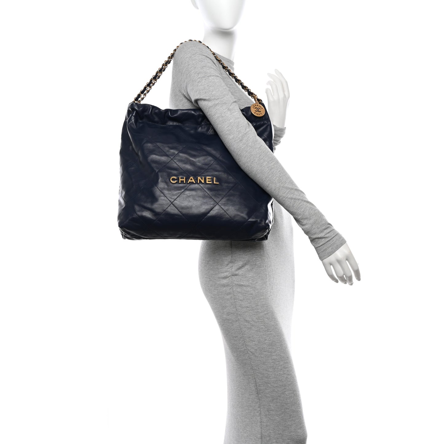 Shiny Calfskin Quilted Chanel 22 Navy Blue