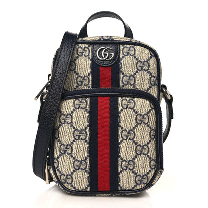 Gucci GG Supreme Monogram Textured Dollar Calfskin Web Mini Ophidia Double Zip Messenger Bag Beige Blue 1 of 10