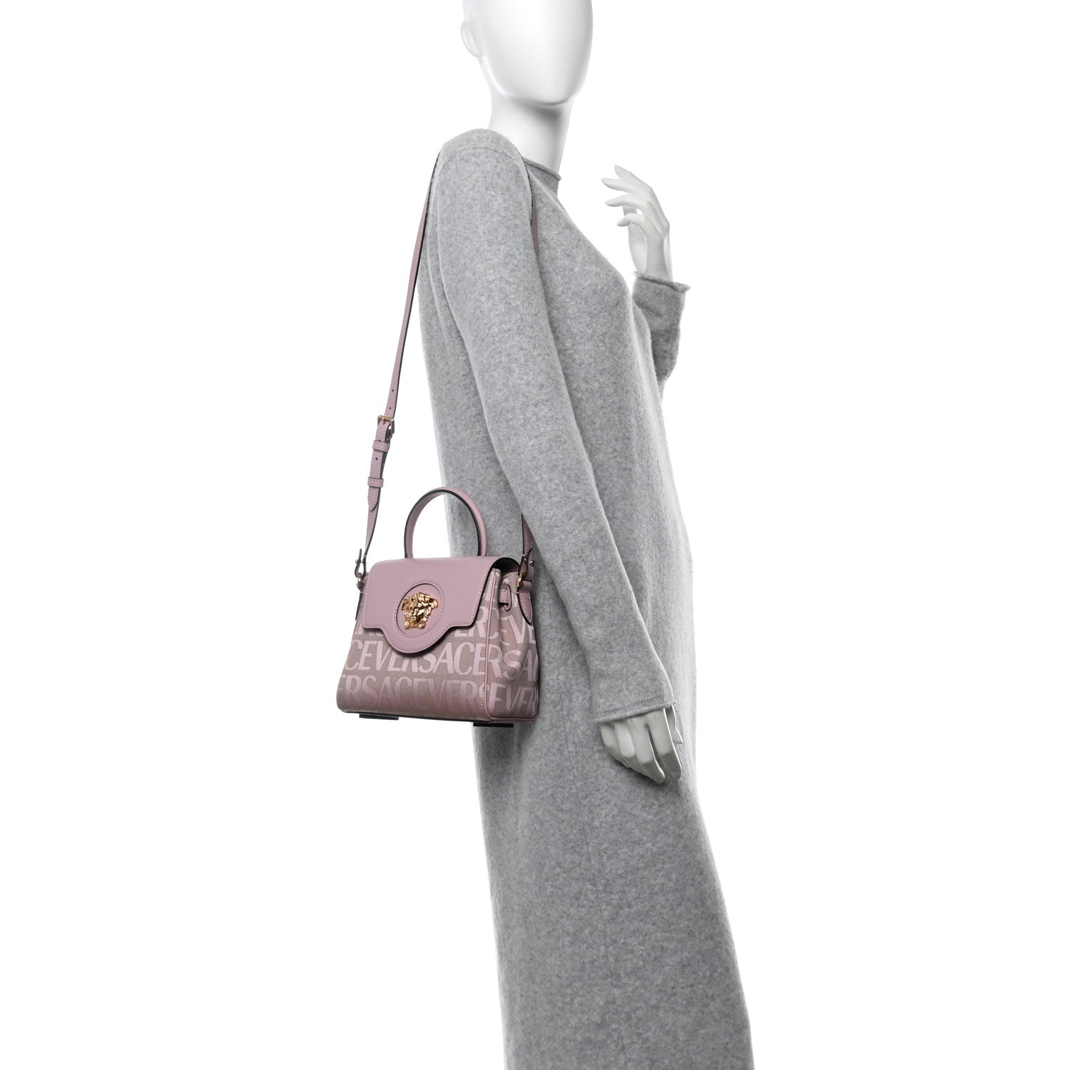 Versace Calfskin Canvas Allover La Medusa Small Top Handle Handbag Pink 2 of 11