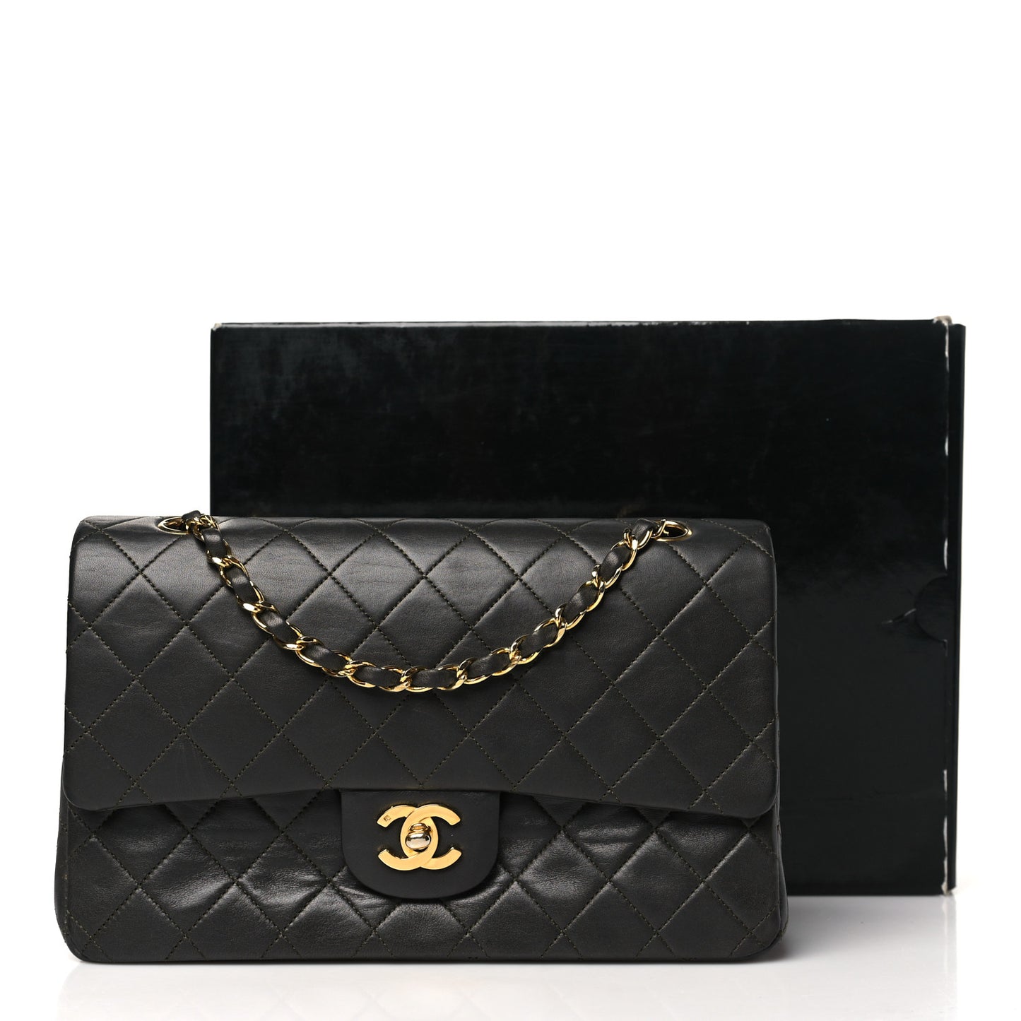 Lambskin Quilted Medium Double Flap Dark Grey