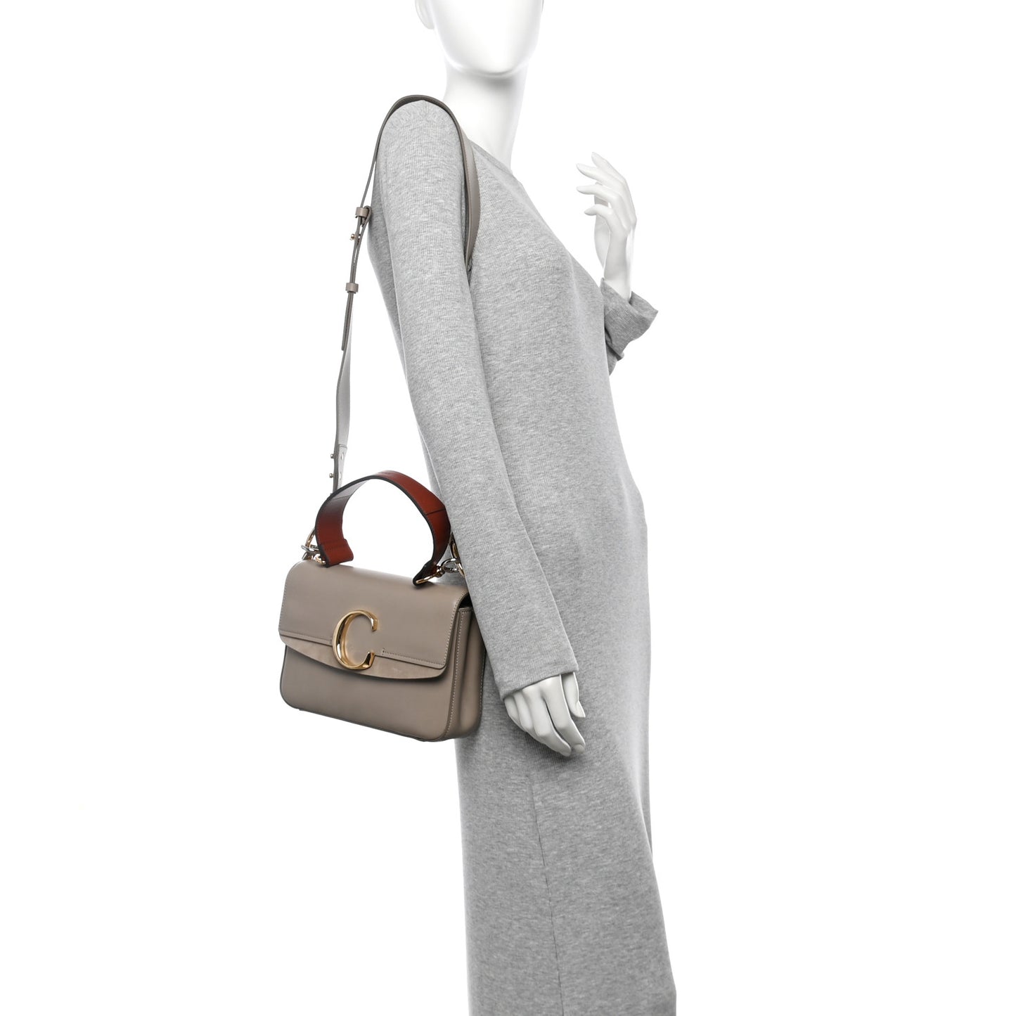 Shiny Calfskin Suede Small C Double Carry Bag Motty Grey