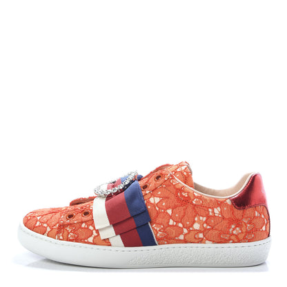Gucci Lace Crystal Sylvie Web Flower Leaf Womens Ace Sneakers 35.5 Hot Orange Tan Beige 1 of 9