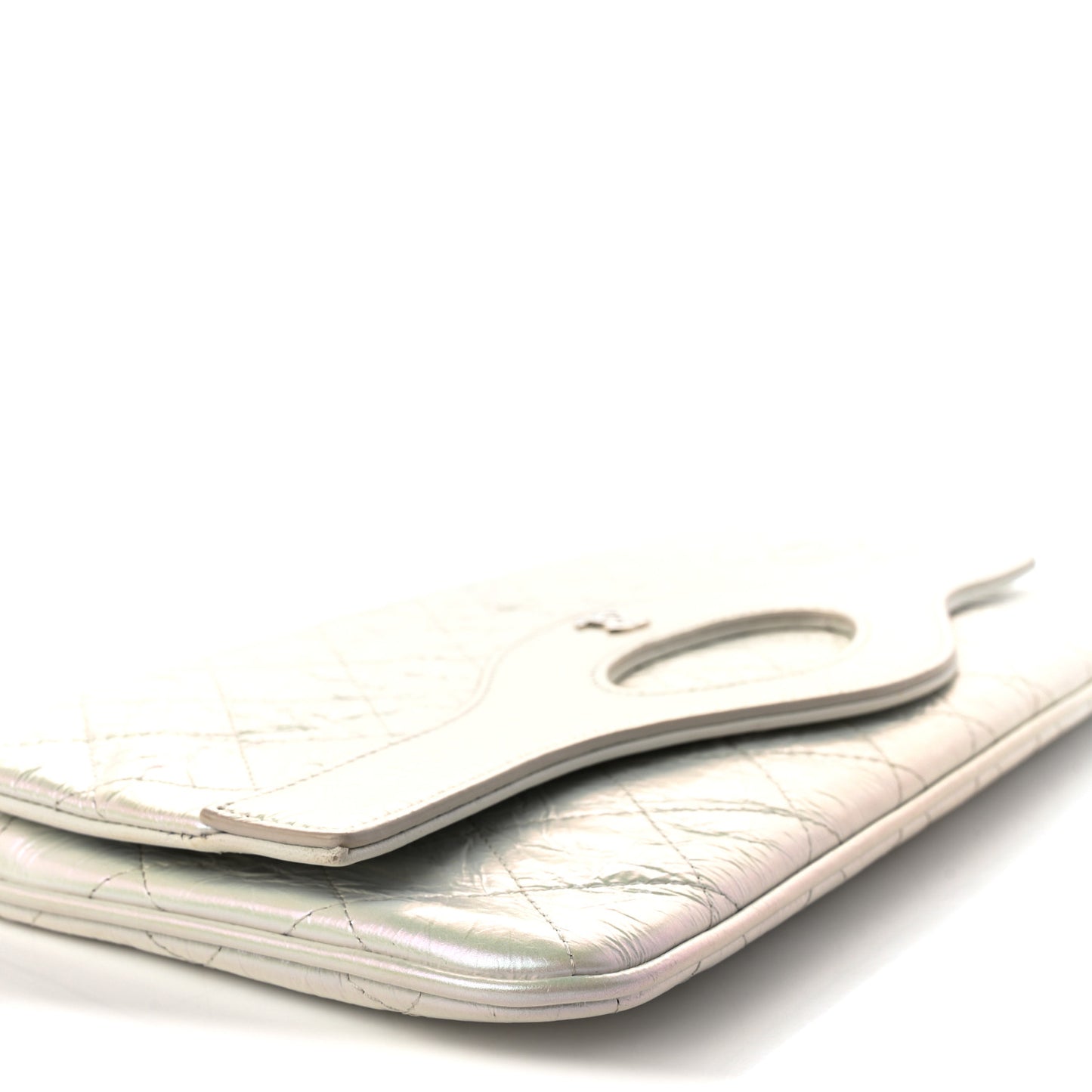 Iridescent Aged Calfskin Quilted Large 31 Pouch White