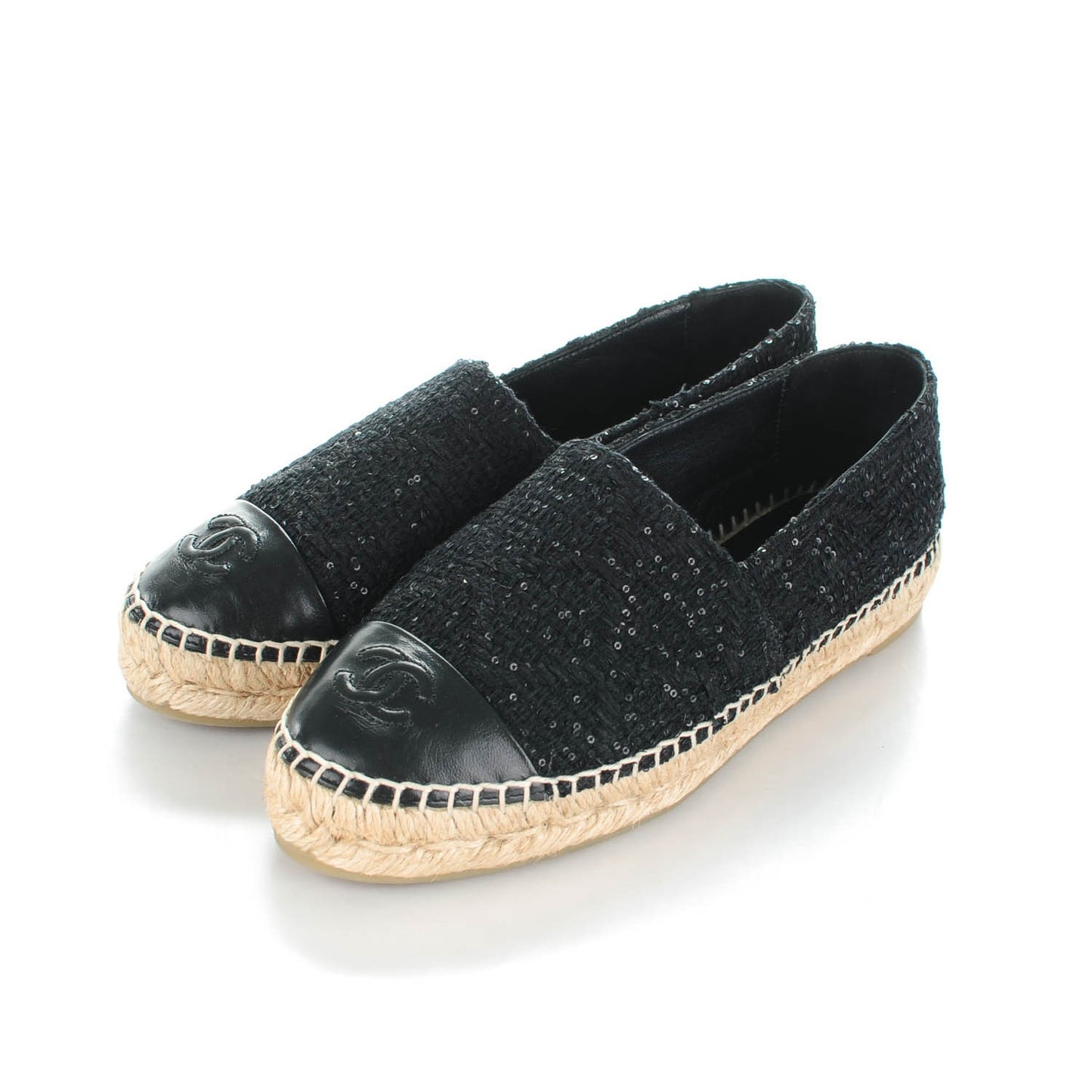 Tweed Patent Goatskin Sequin CC Espadrilles 36 Black