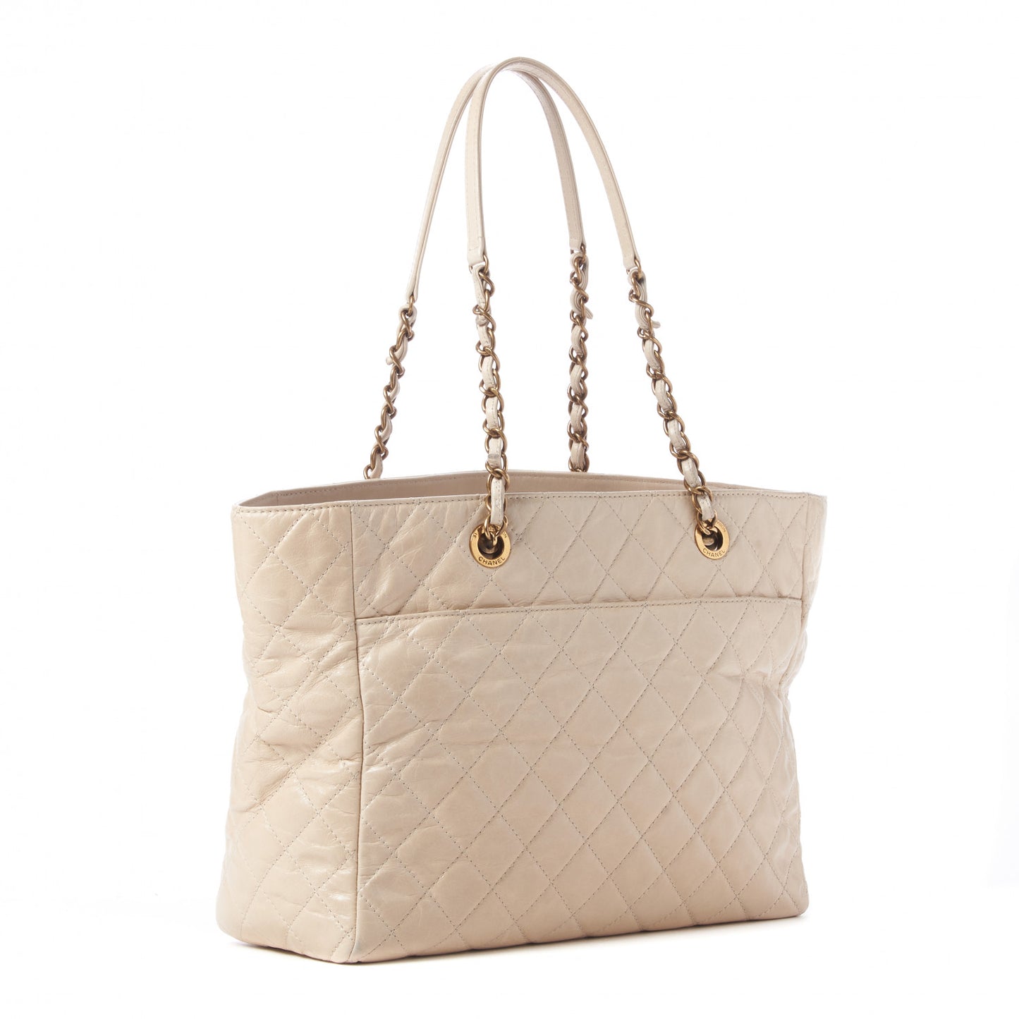 Glazed Calfskin Quilted Large Front Pocket Tote Beige