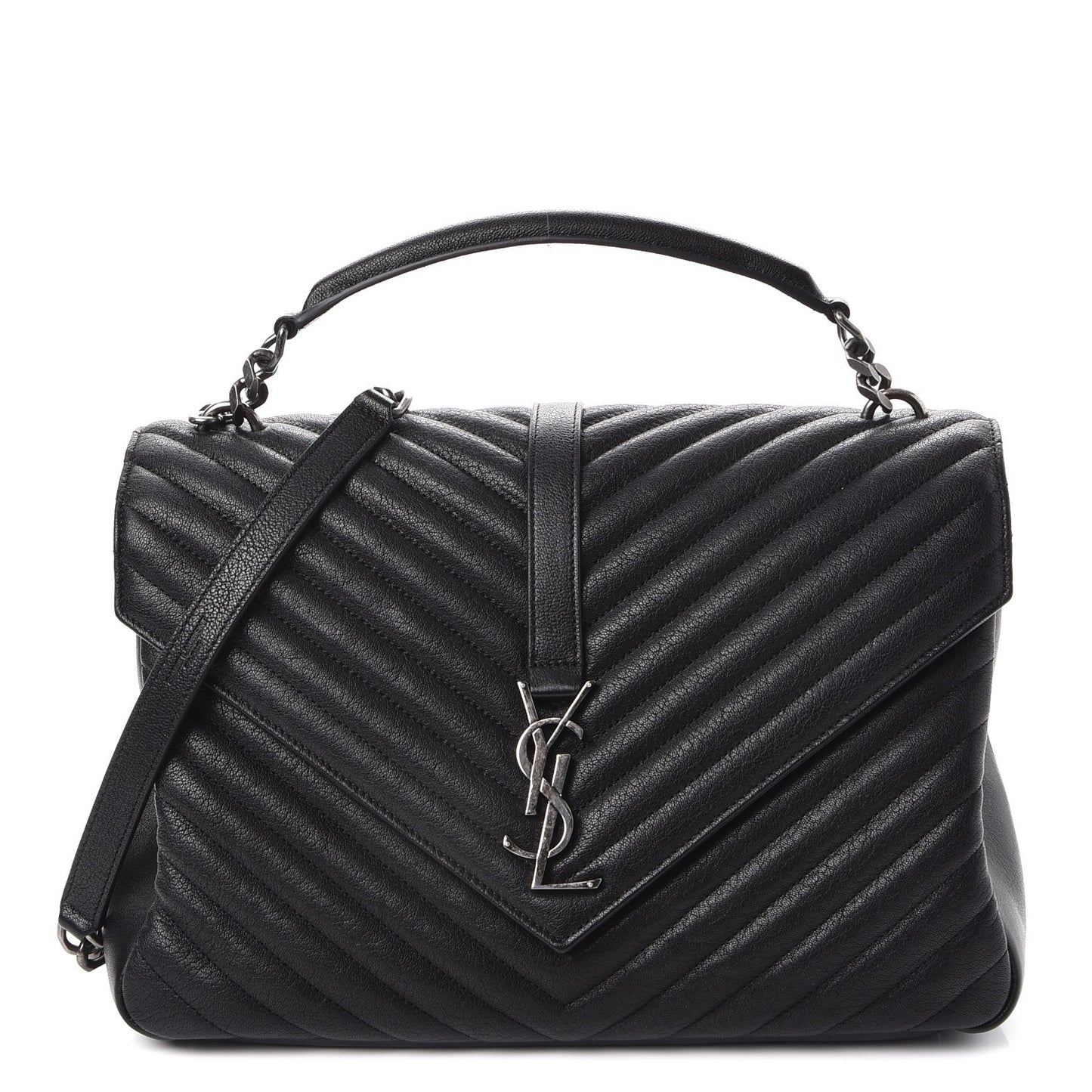Sheepskin Matelasse Chevron Monogram Large College Satchel Black