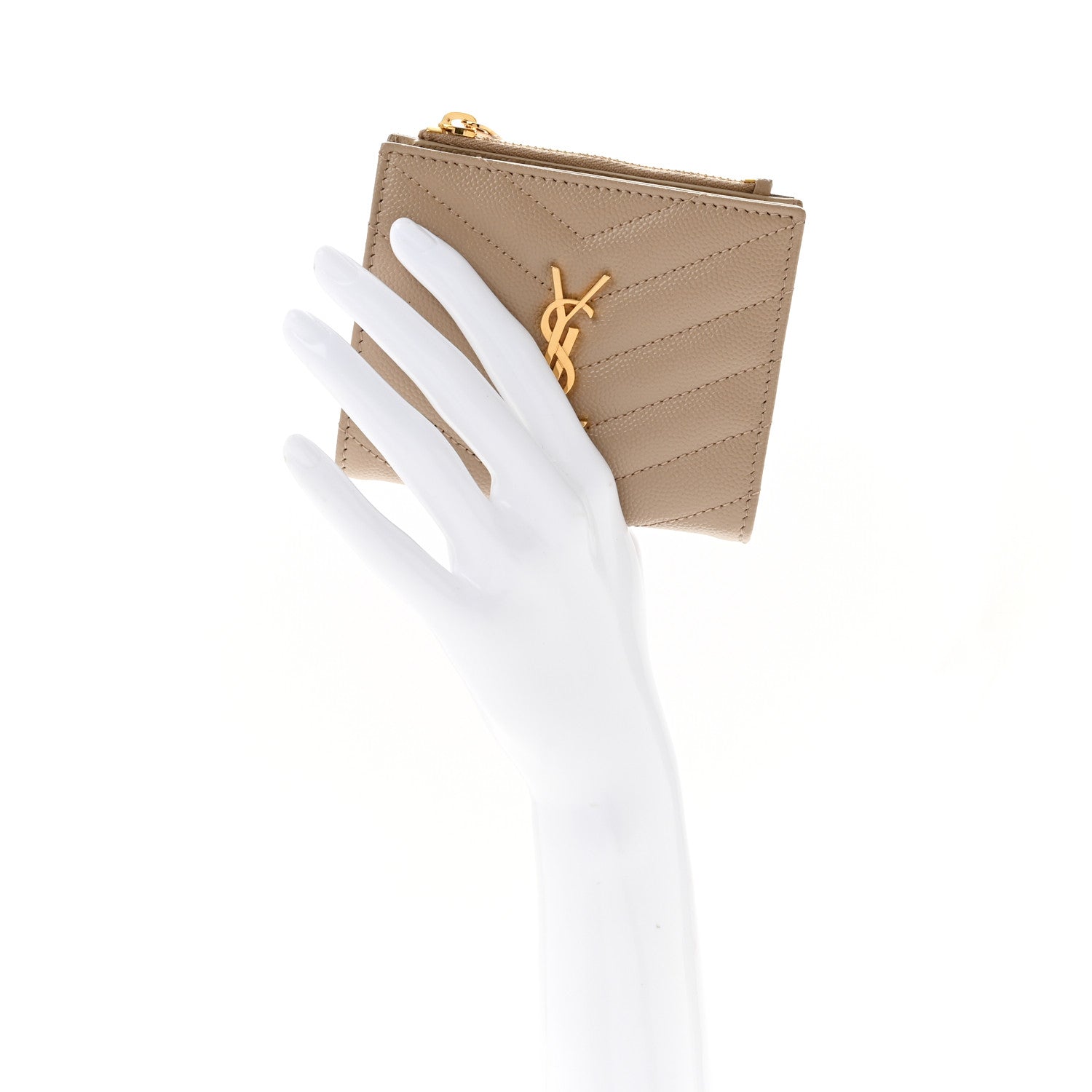 Saint Laurent Grain De Poudre Matelasse Chevron Monogram Zipped Card Case Dark Beige 2 of 10