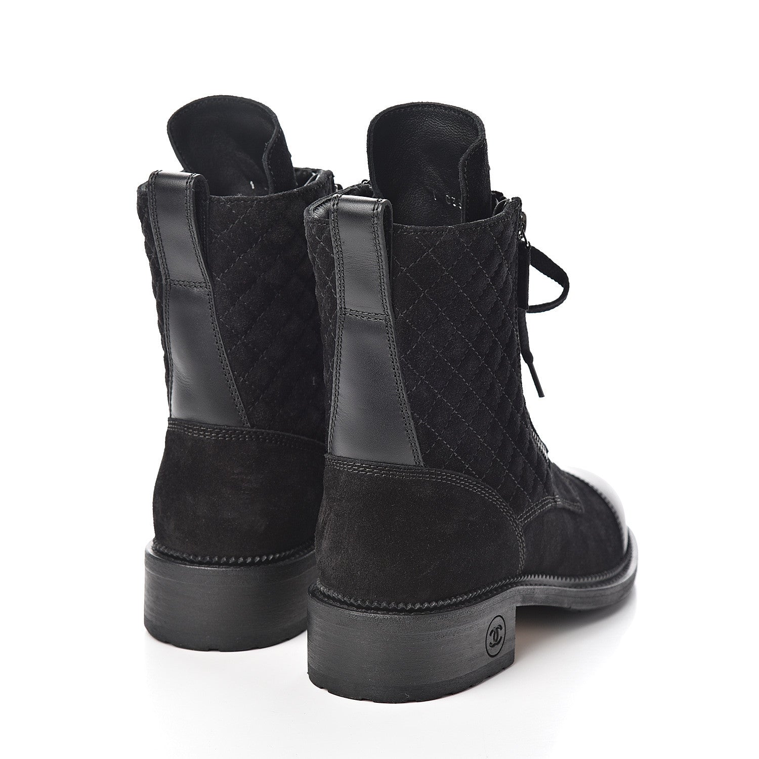 Chanel Suede Quilted CC Lace Up Combat Boots 40 Black 4 of 9
