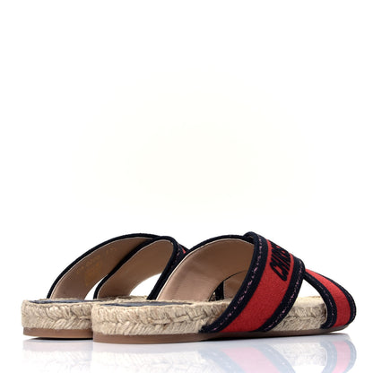 Christian Dior Canvas Embroidered Granville Espadrille Crisscross Flat Slide Sandals 37.5 Spicy Red 3 of 10