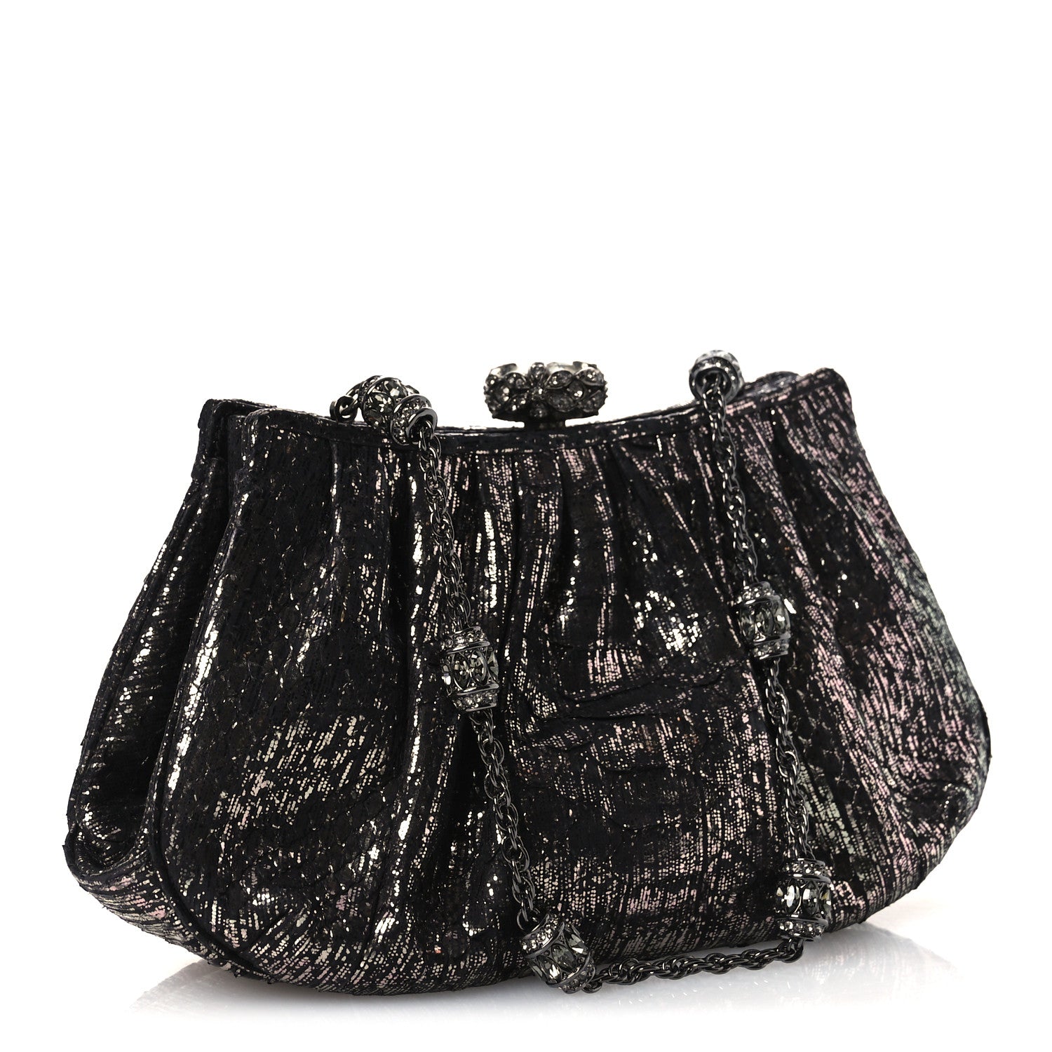 Judith Leiber Snakeskin Crystal Evening Clutch Black Silver 3 of 10