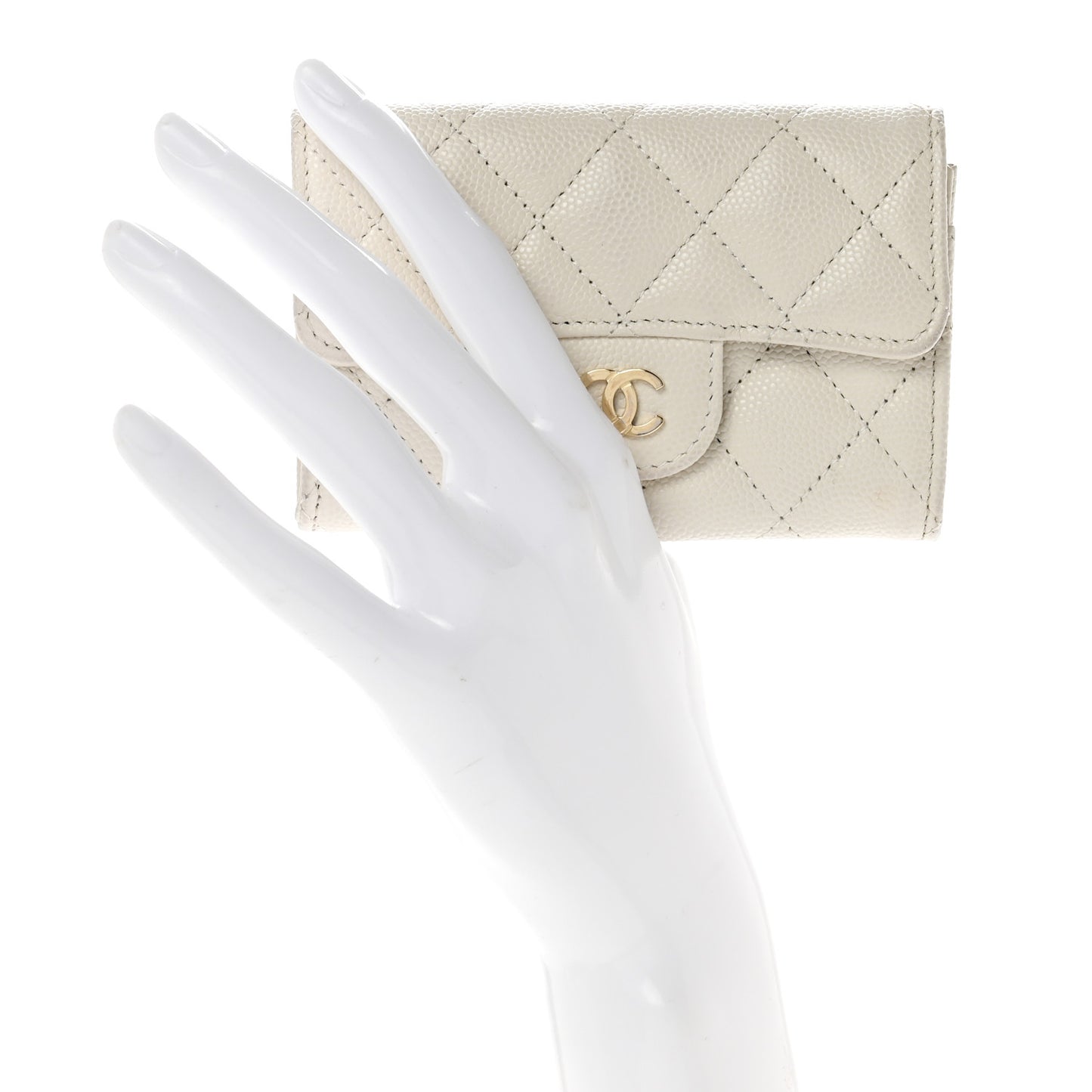 Caviar Quilted Flap Card Holder Wallet White
