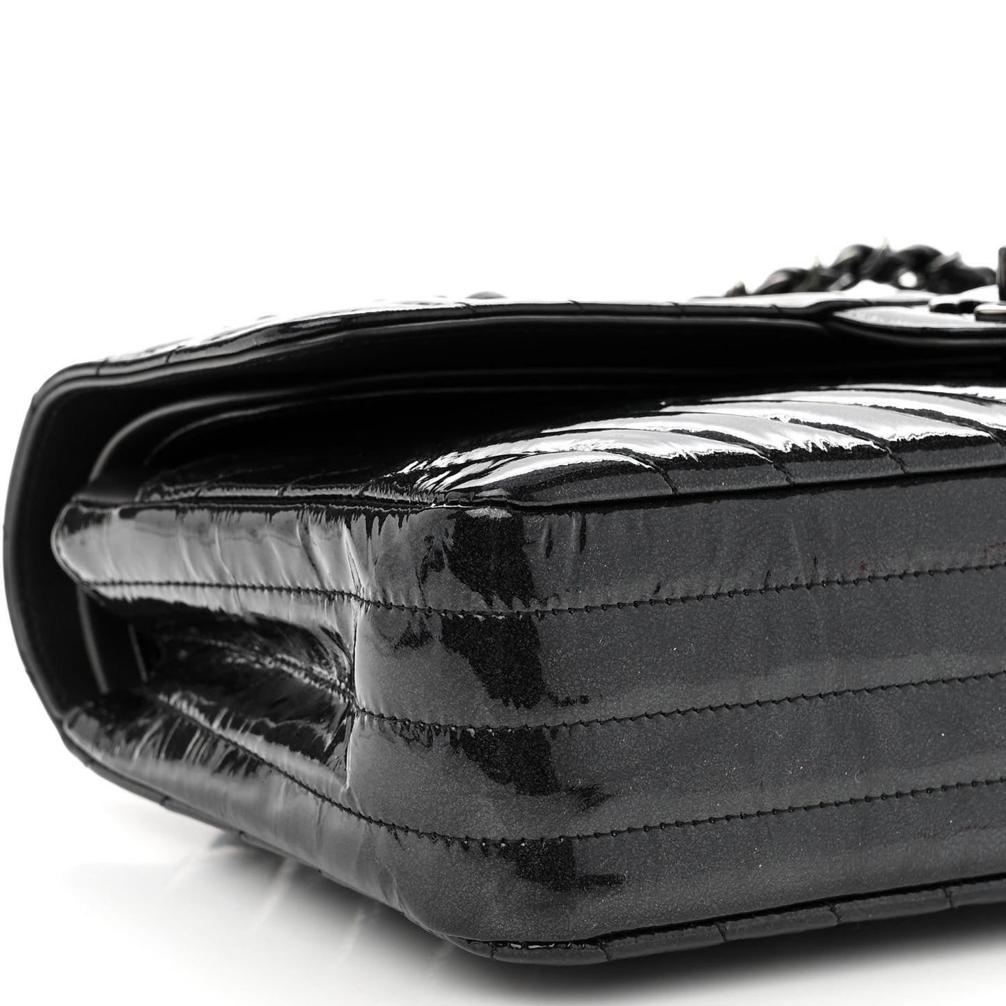 Metallic Patent Crumpled Calfskin Chevron Quilted Medium Double Flap So Black