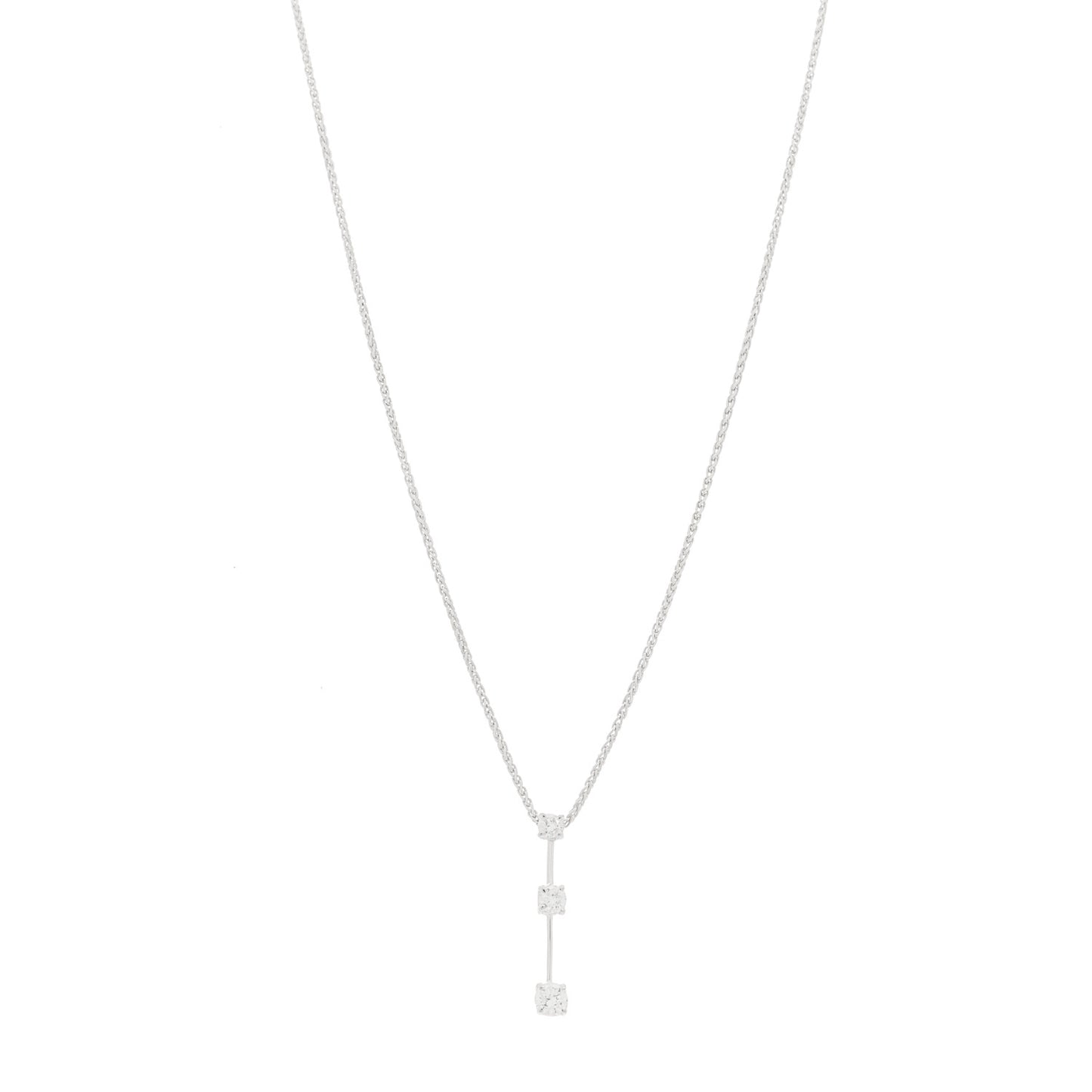 18K White Gold Three Diamond Drop Pendant Necklace