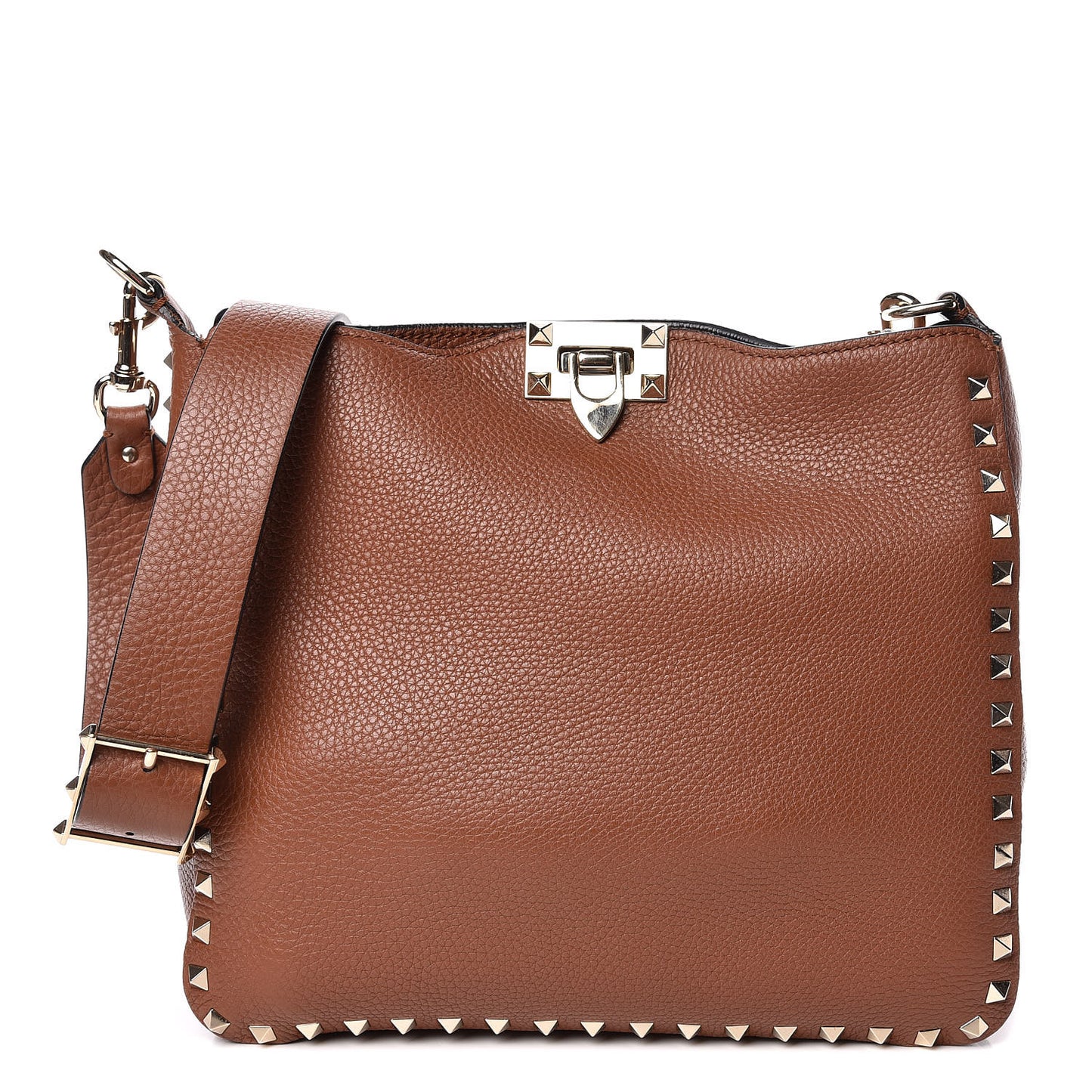 Calfskin Small Rockstud Flip-Lock Messenger Bag Brown