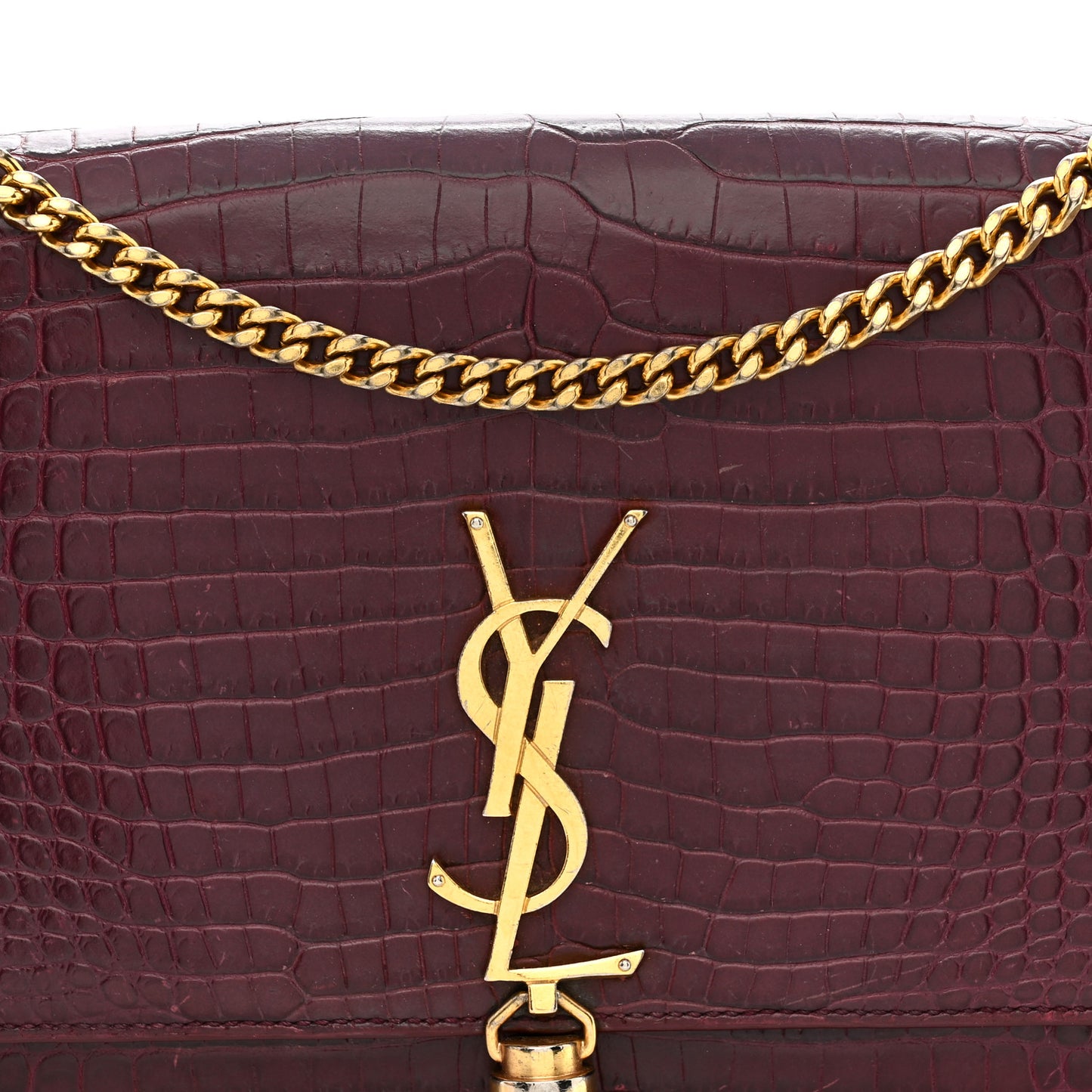 Calfskin Crocodile Embossed Medium Classic Monogram Kate Tassel Satchel Dark Red
