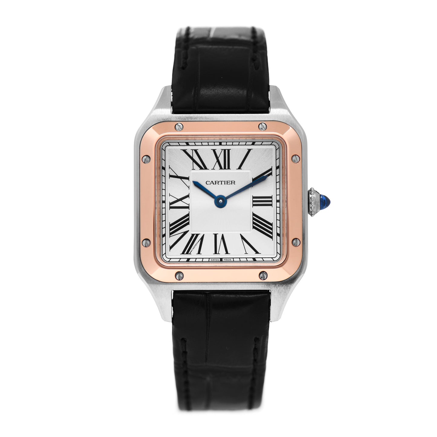 Stainless Steel 18K Pink Gold Alligator 27.5mm Santos Dumont Quartz Watch