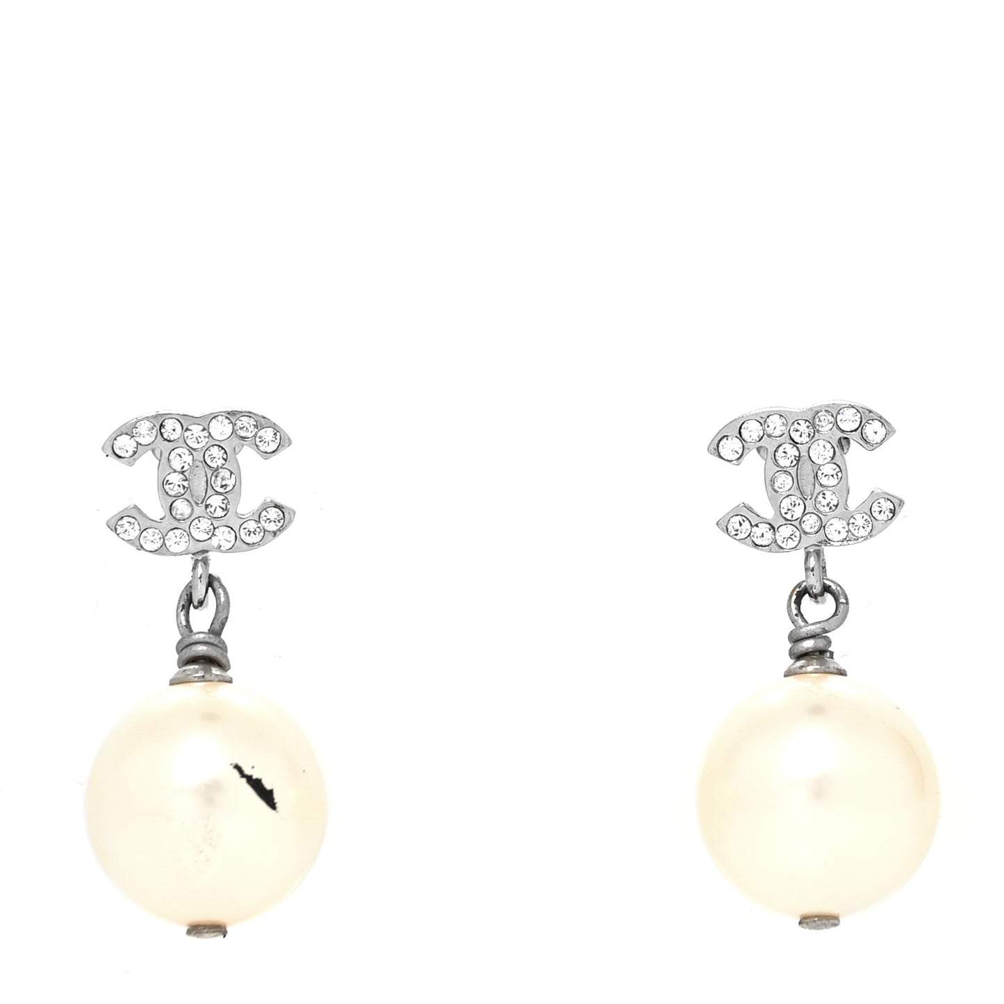 Crystal Pearl CC Drop Earrings Silver Pearly White