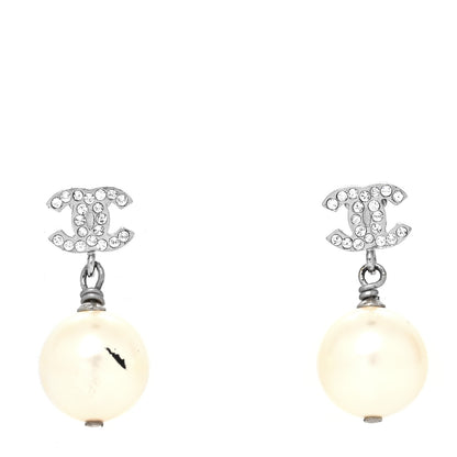Chanel Crystal Pearl CC Drop Earrings Silver Pearly White 1 of 5