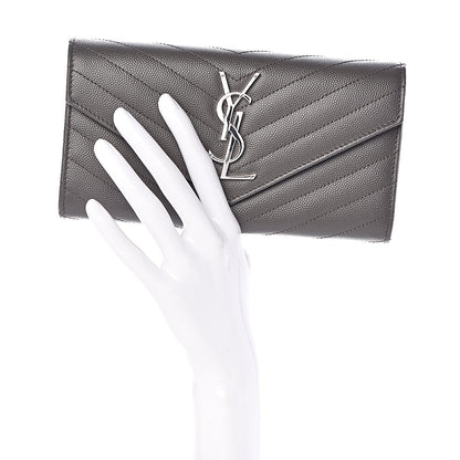 Saint Laurent Grain De Poudre Matelasse Chevron Monogram Flap Wallet Fog 2 of 6