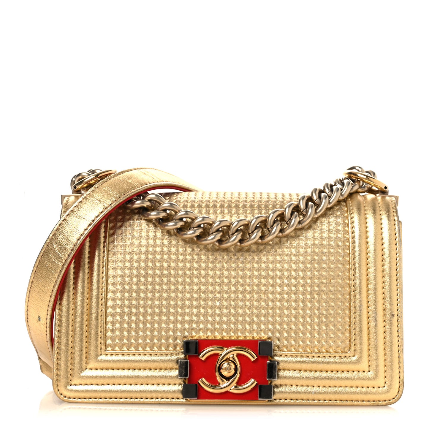 Metallic Lambskin Embossed Small Cube Boy Flap Gold