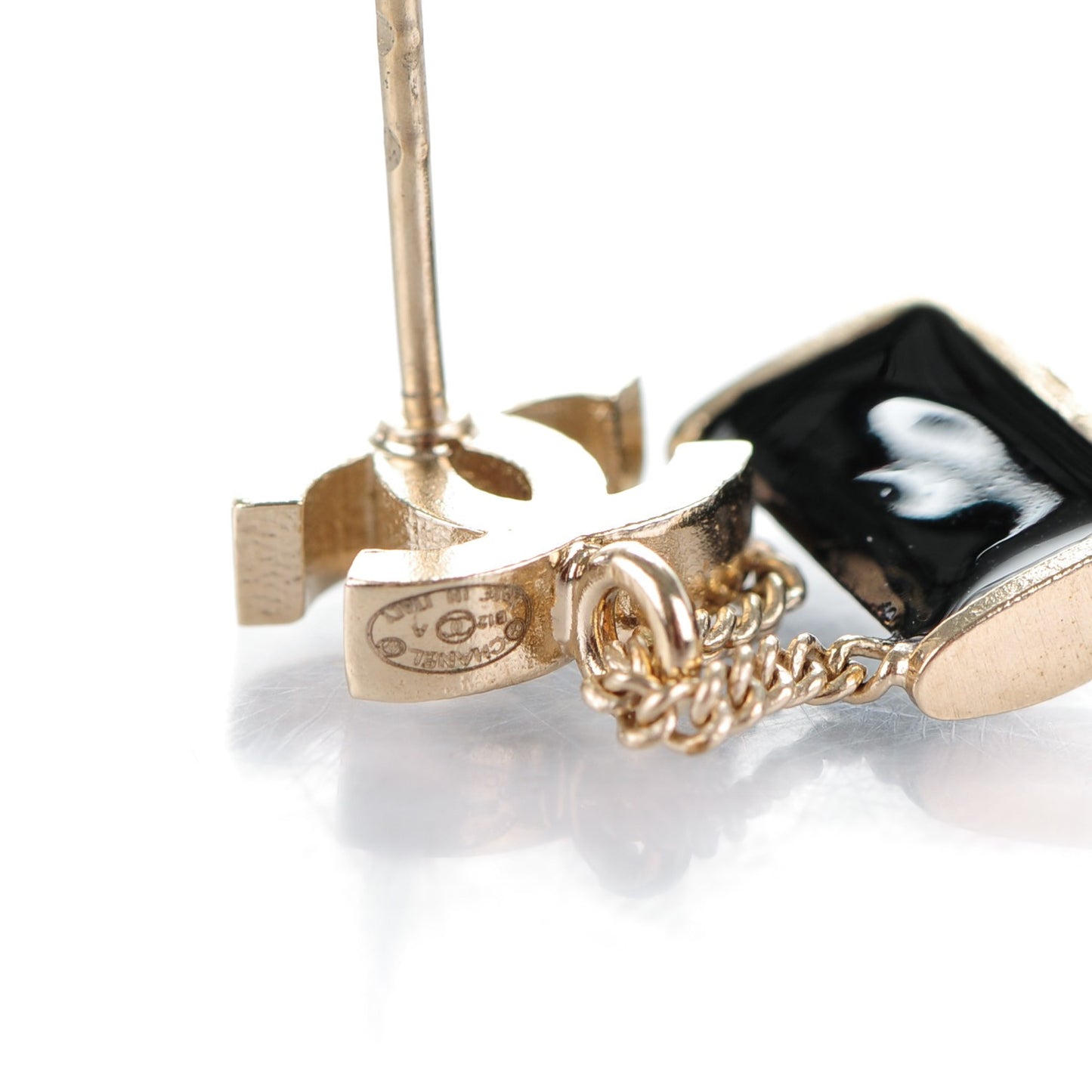 Enamel Pearl CC Flap Bag Drop Earrings Black Gold