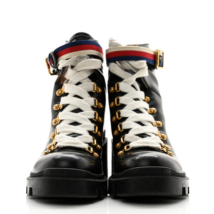 Gucci Calfskin Sylvie Web Womens Lace Up Combat Boots 37 Black 2 of 12
