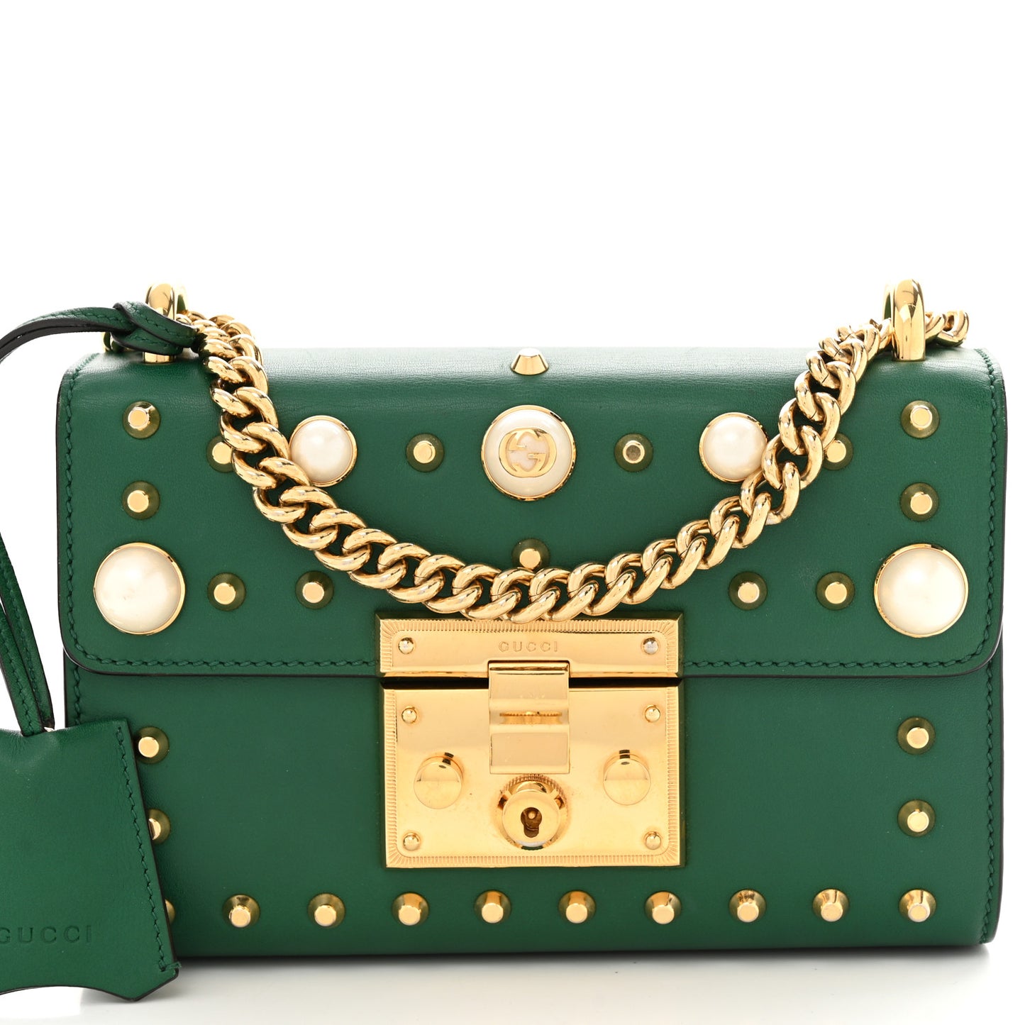 Calfskin Studded Small Padlock Shoulder Bag Emerald