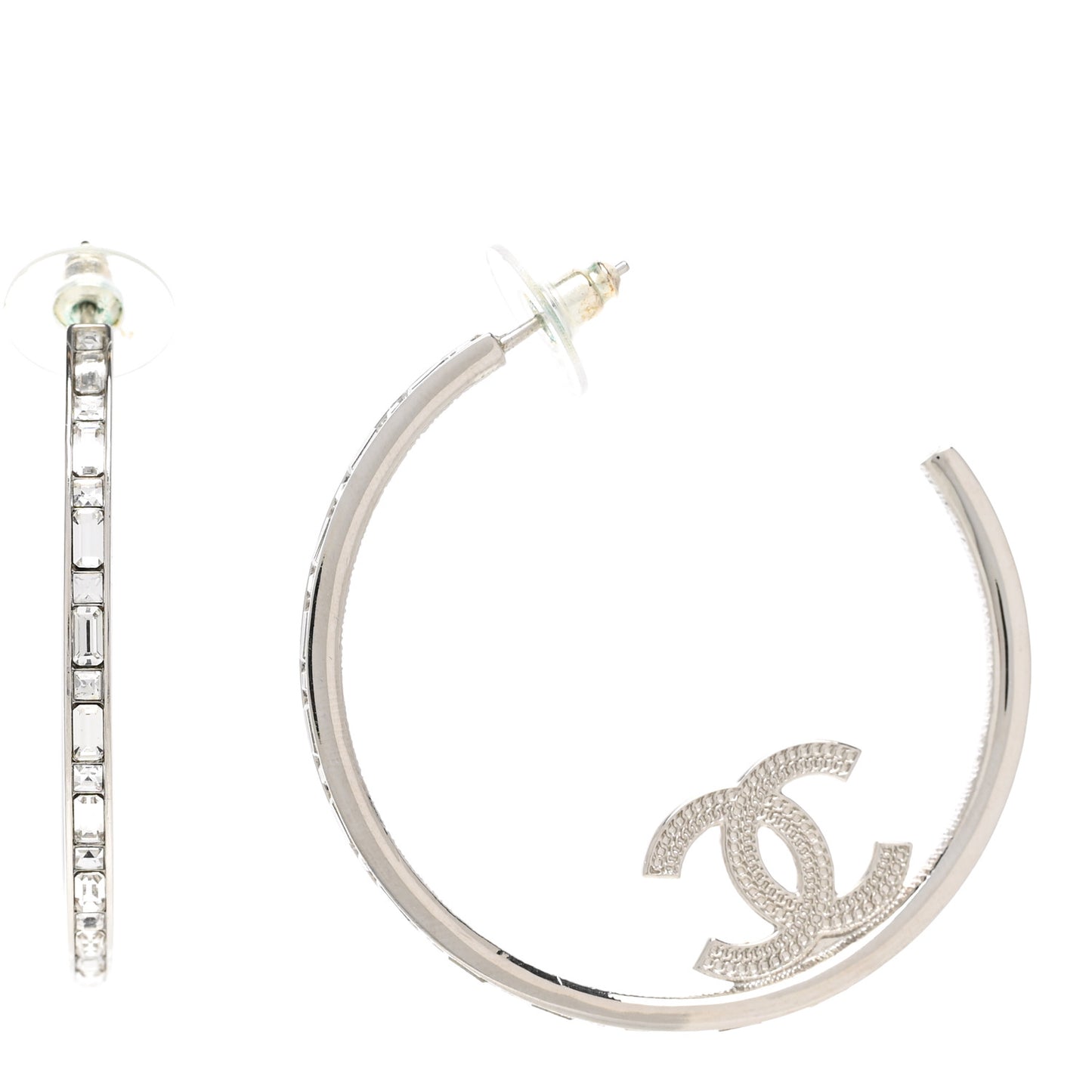 Metal Crystal Baguette CC Large Hoop Earrings Silver
