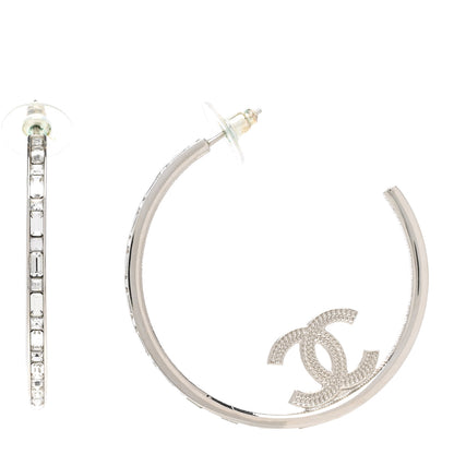 Chanel Metal Crystal Baguette CC Large Hoop Earrings Silver 1 of 4