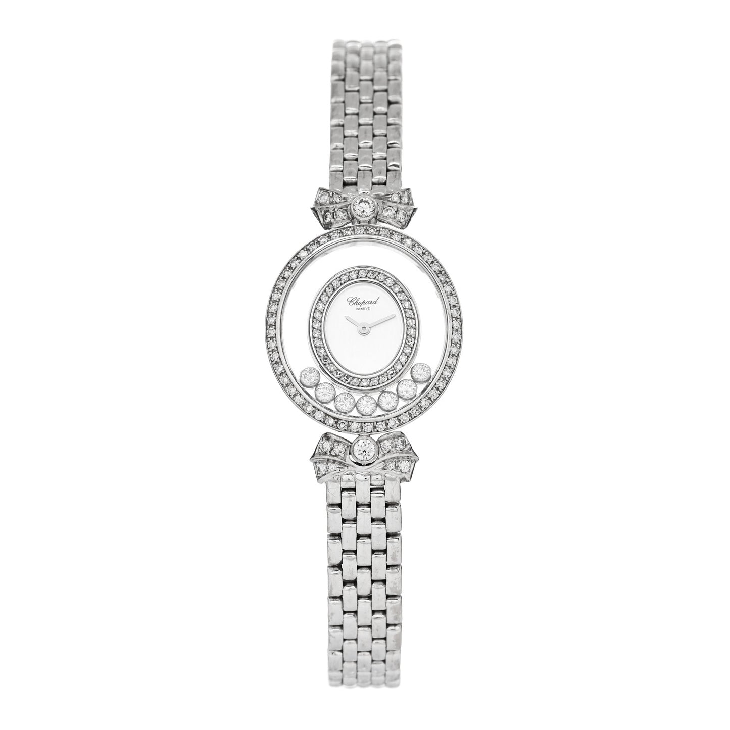 18K White Gold Diamond Pave Bezel 24mm Happy Diamonds Oval Bow Tie Quartz Watch