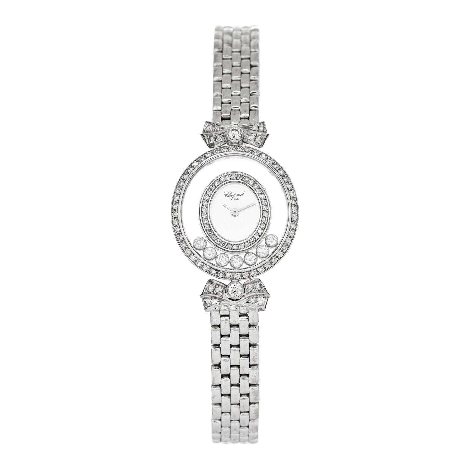 Chopard 18K White Gold Diamond Pave Bezel 24mm Happy Diamonds Oval Bow Tie Quartz Watch 1 of 5