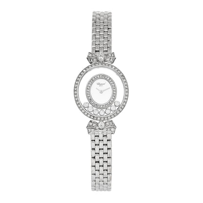 Chopard 18K White Gold Diamond Pave Bezel 24mm Happy Diamonds Oval Bow Tie Quartz Watch 1 of 5