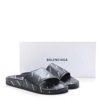 Balenciaga Nappa Allover Logo Embossed Womens Pool Slide Sandals 41 Black White 9 of 10