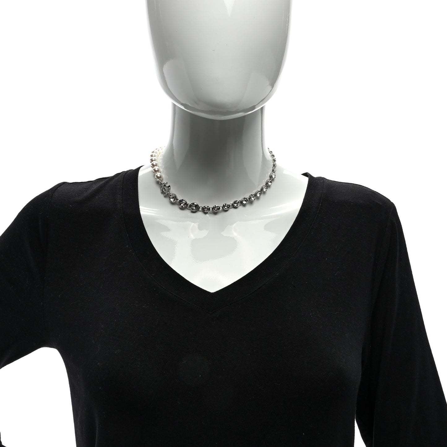 Pearl Crystal CC Choker Necklace Silver