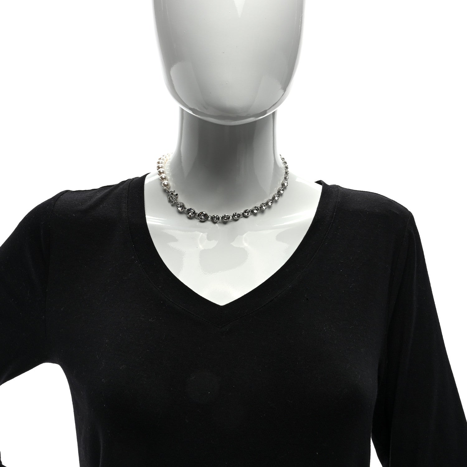 Chanel Pearl Crystal CC Choker Necklace Silver 2 of 4