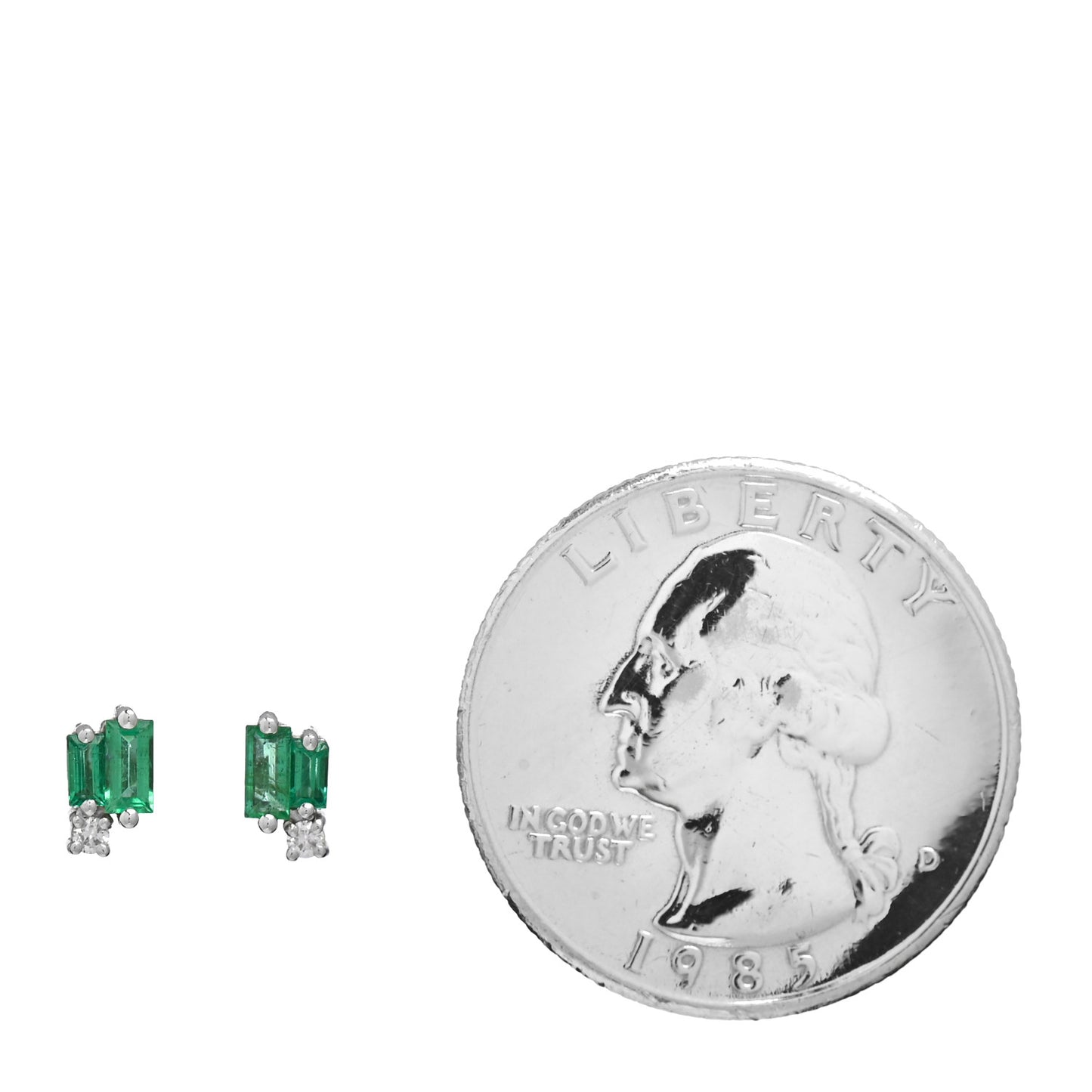 18K White Gold Diamond Emerald Layered Stud Earrings