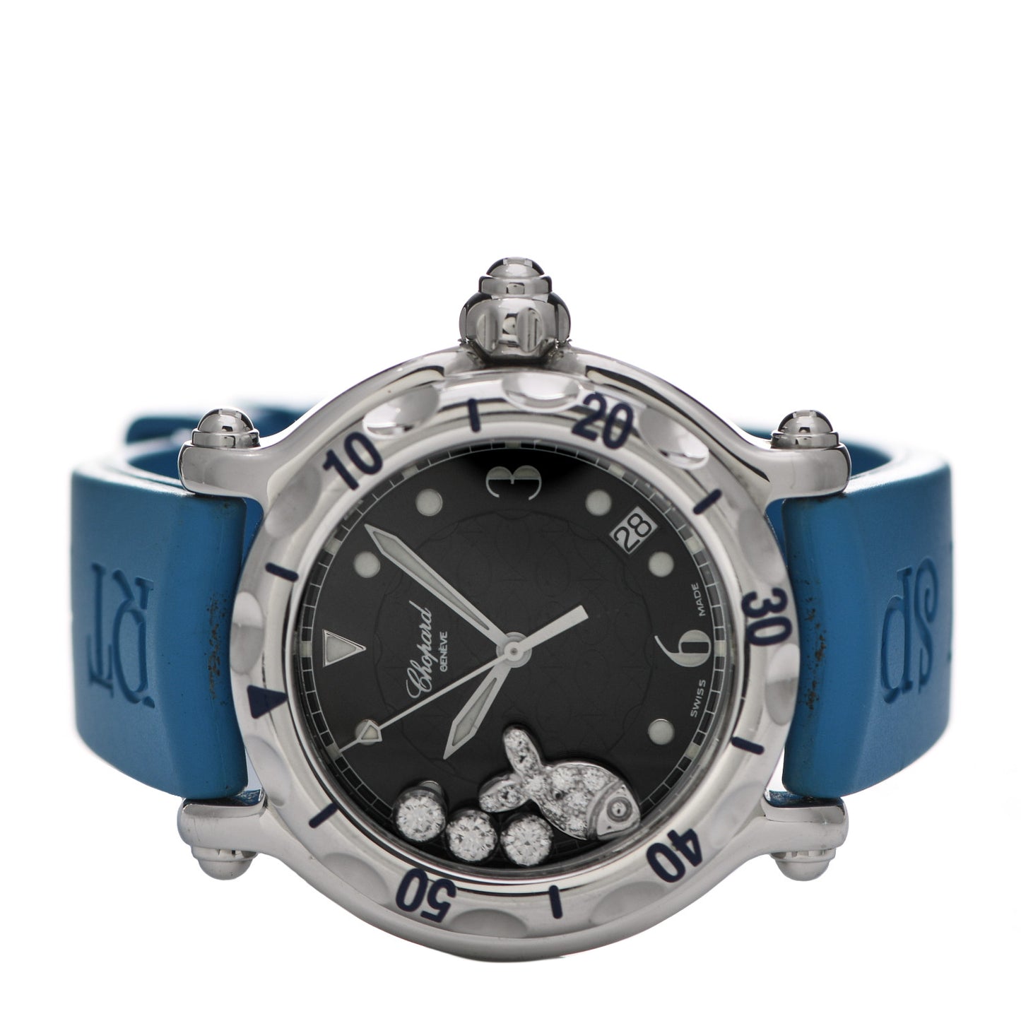 Stainless Steel Rubber Diamond 38mm Happy Sport Fish Quartz Watch Blue