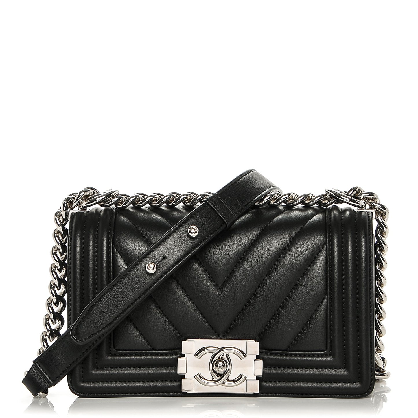 Calfskin Chevron Quilted Small Boy Flap Black