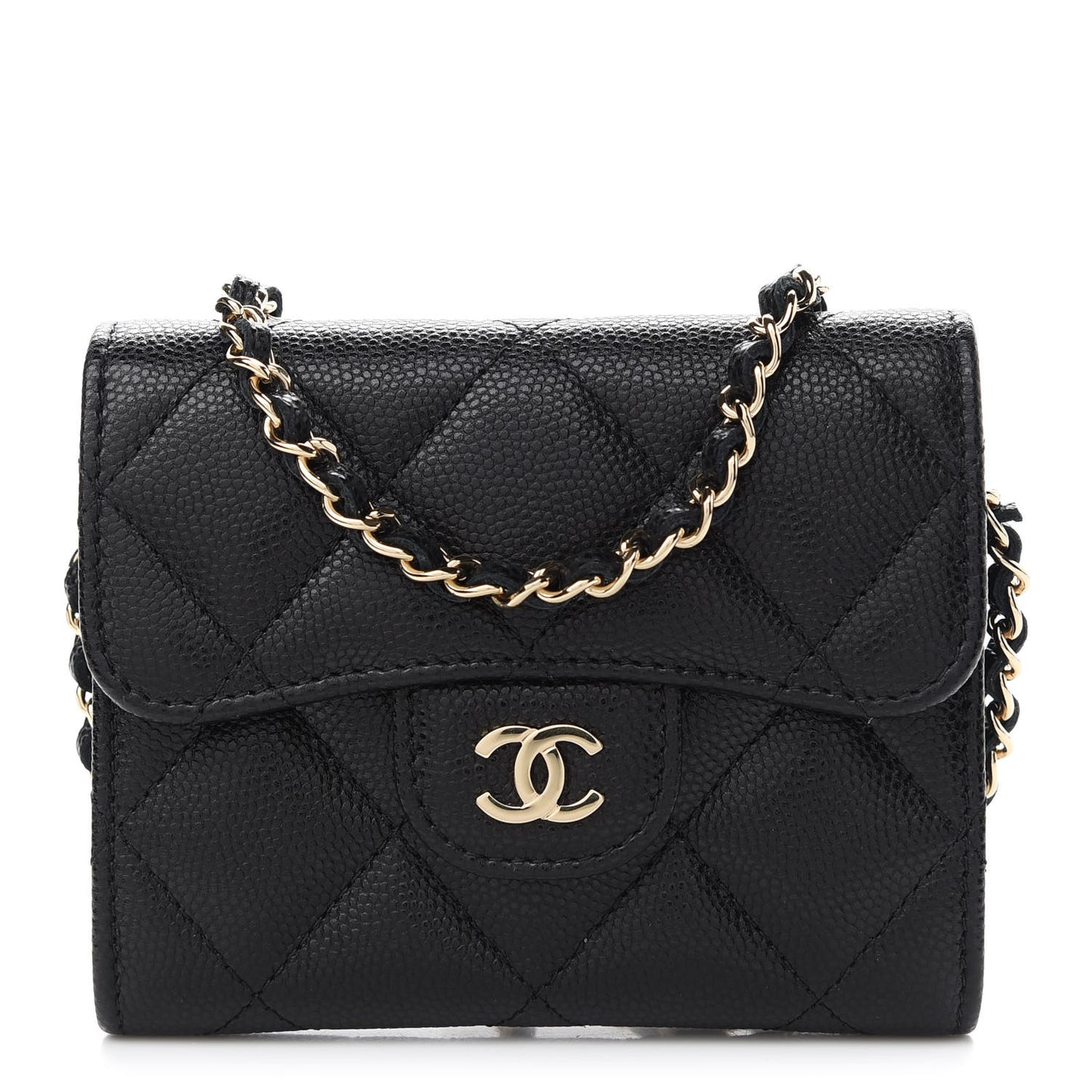 Caviar Quilted Flap Card Holder On Chain Black