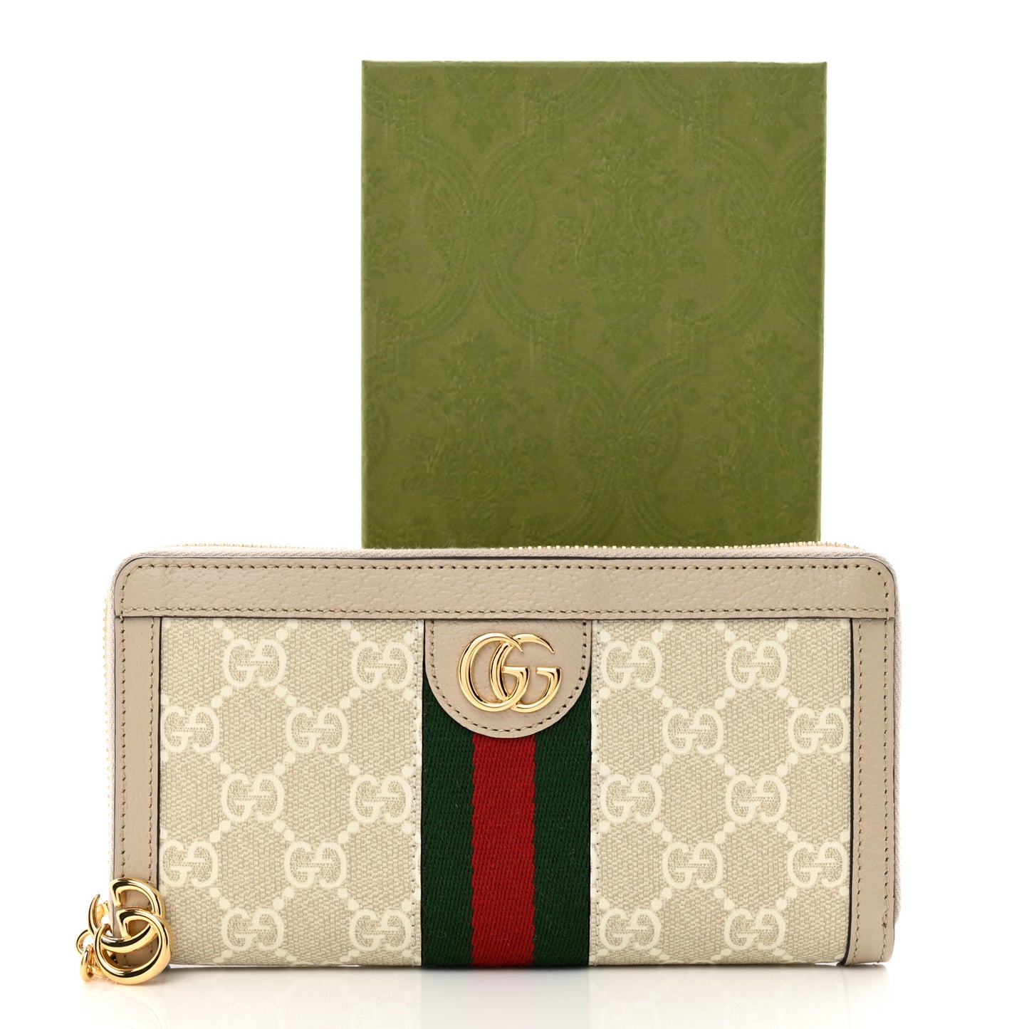 GG Supreme Monogram Textured Dollar Calfskin Web Ophidia Zip Around Wallet Beige Mystic White Oatmeal