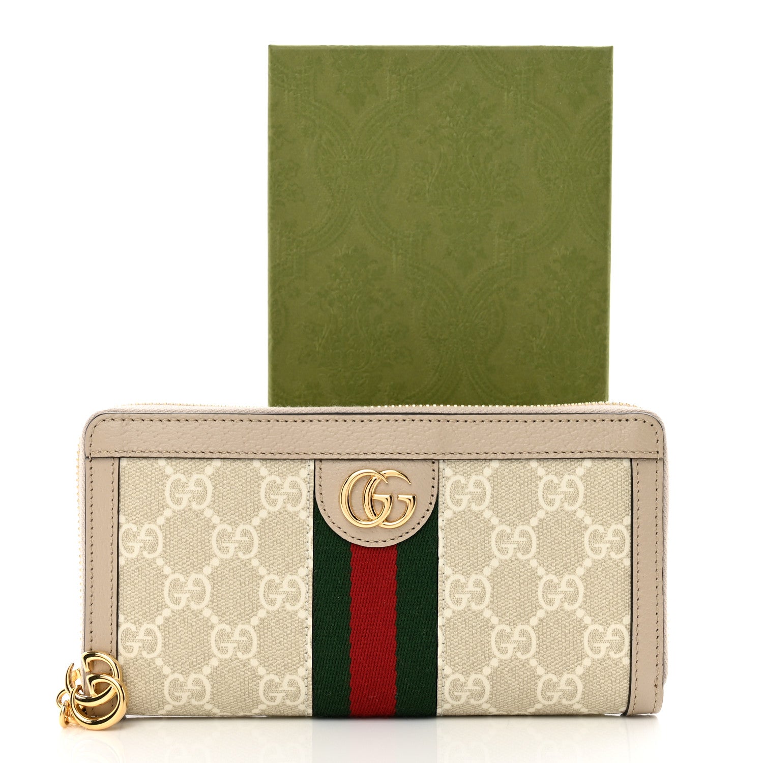 Gucci GG Supreme Monogram Textured Dollar Calfskin Web Ophidia Zip Around Wallet Beige Mystic White Oatmeal 7 of 7