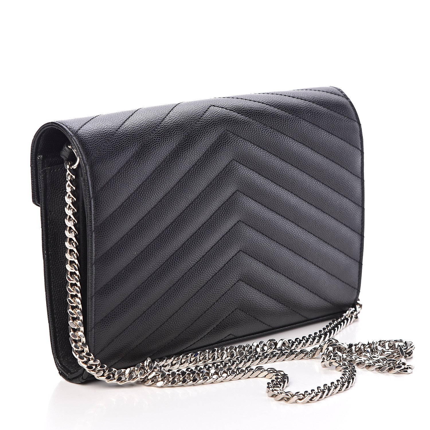 Saint Laurent Grain De Poudre Matelasse Chevron Medium Monogram Chain Wallet Black 3 of 10