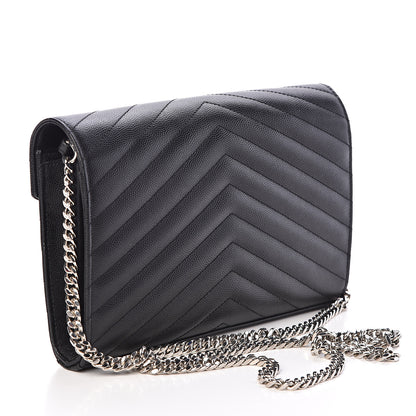 Saint Laurent Grain De Poudre Matelasse Chevron Medium Monogram Chain Wallet Black 3 of 10