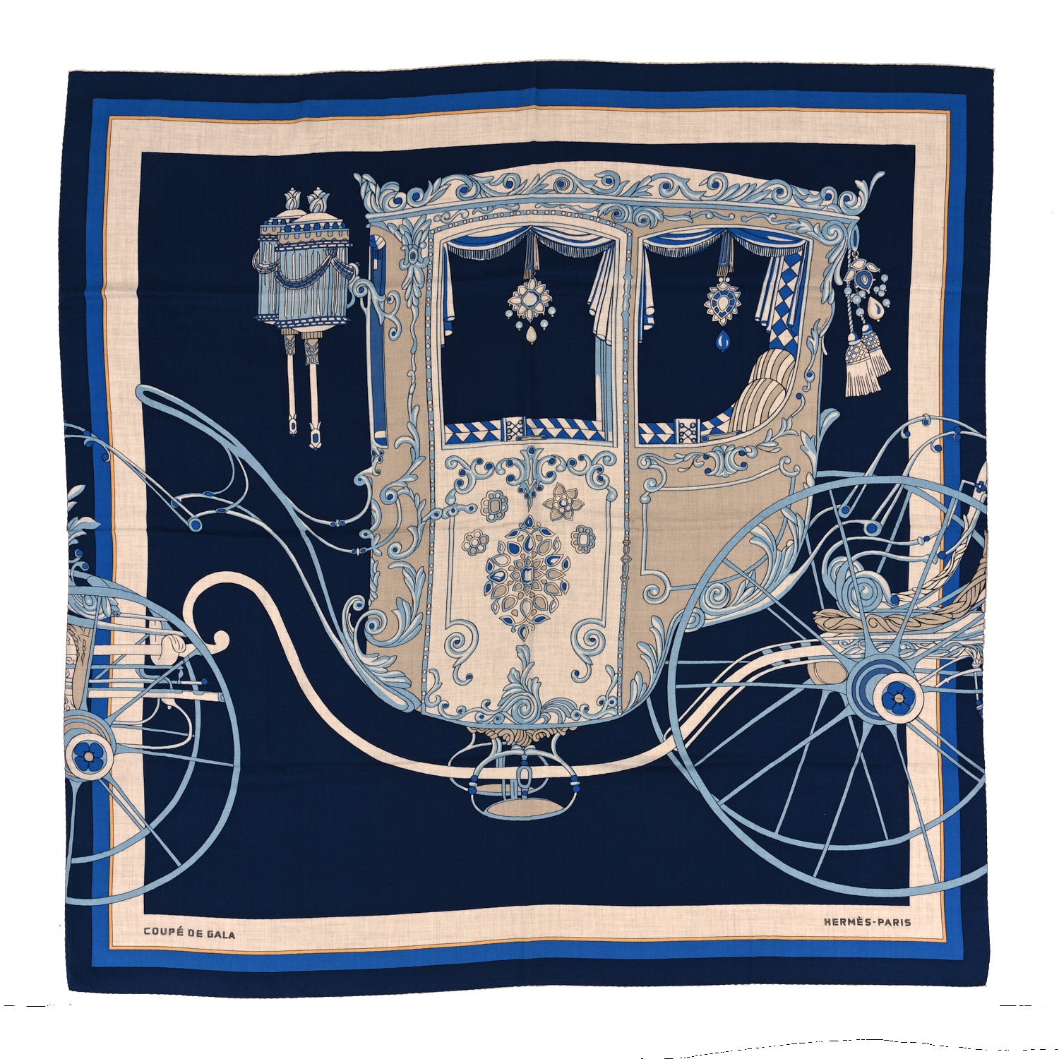 Hermes Cashmere Silk Coupe De Gala Shawl 140 Marine Naturel Ciel 1 of 4