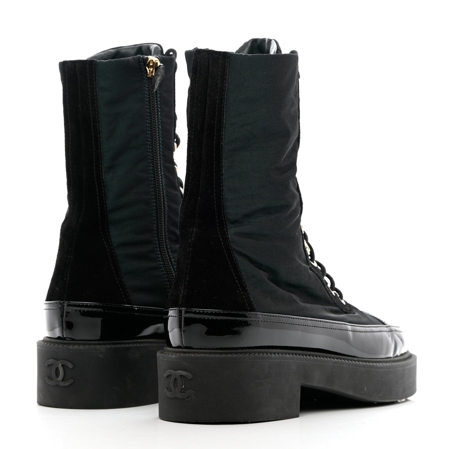 Calfskin Knit Lace Up Combat Boots 38 Black Green