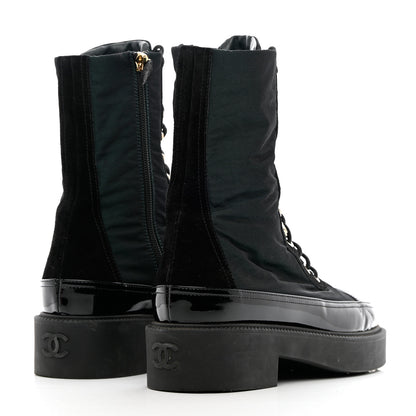 Chanel Calfskin Knit Lace Up Combat Boots 38 Black Green 4 of 15