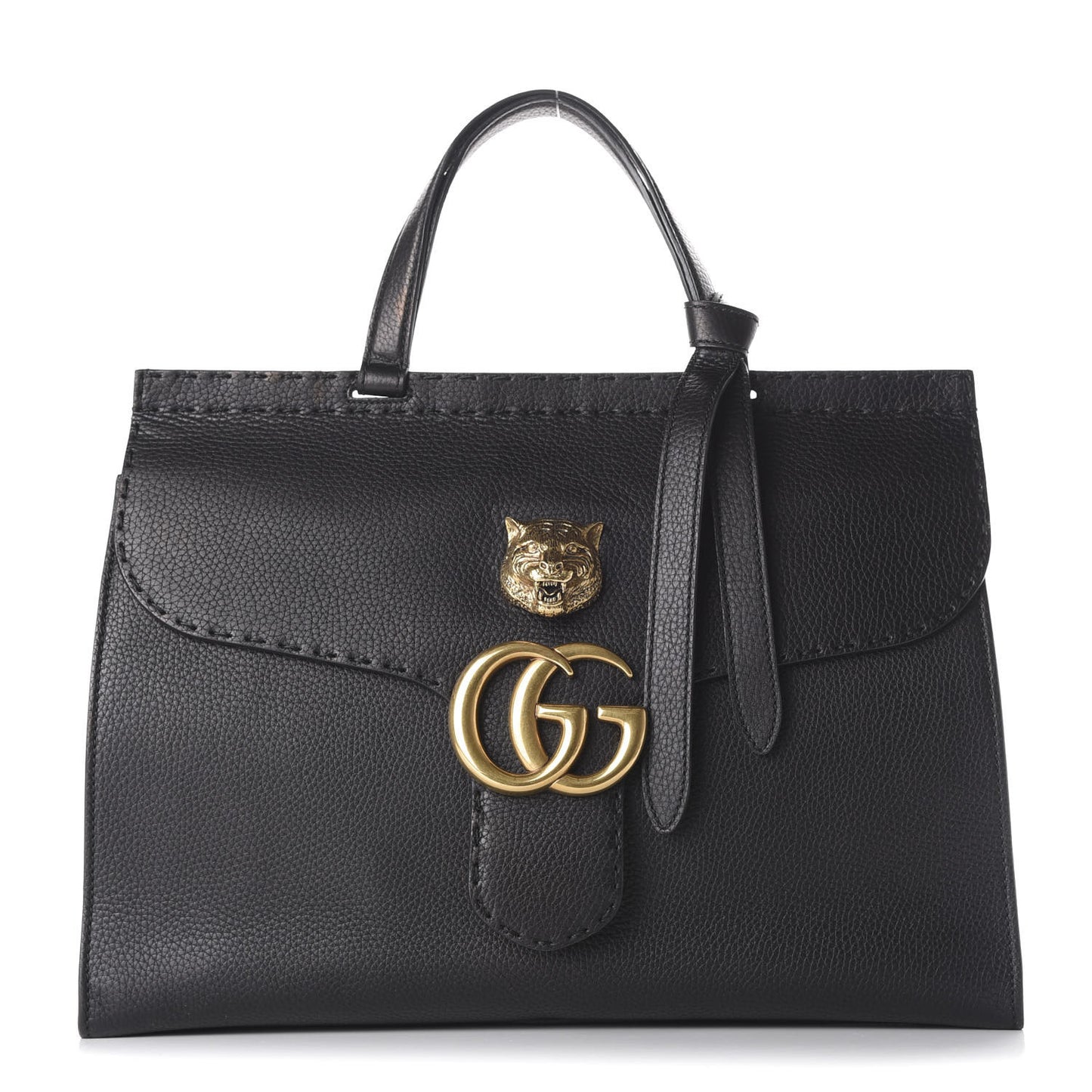 Calfskin Feline Medium GG Marmont Top Handle Bag Black