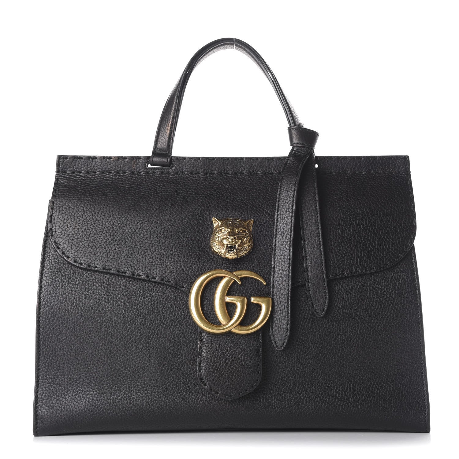 Gucci Calfskin Feline Medium GG Marmont Top Handle Bag Black 1 of 10