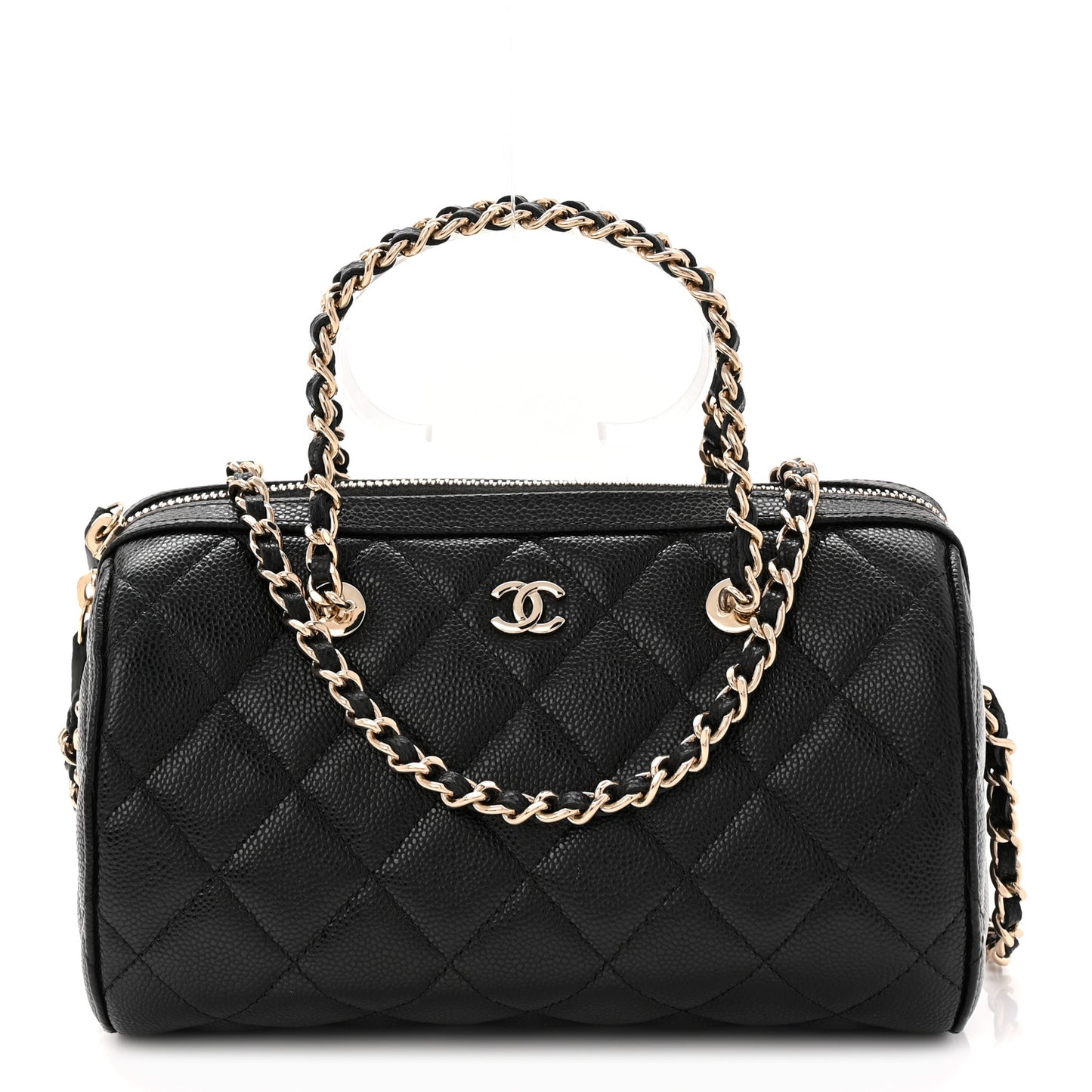 Caviar Quilted Barrel Clutch With Chain  Black